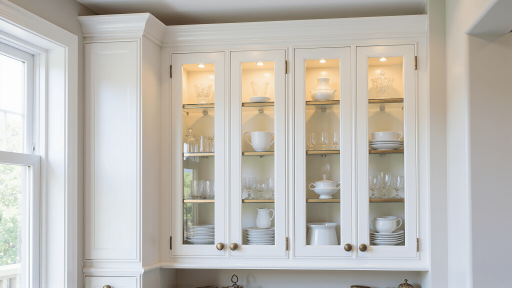 "Elegant white kitchen with morning light illuminating a beautifully arranged collection of ceramics, crystal glassware, and brass accents in glass-front cabinets with LED lighting."
