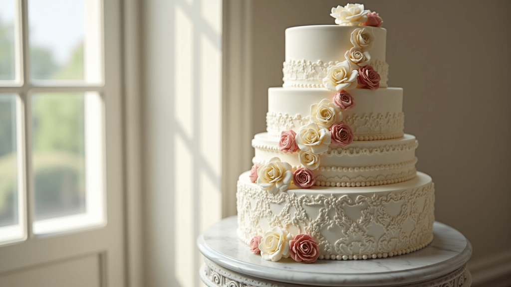 "Elegant 4-tier wedding cake with lace piping, sugar flowers, and pearls on a marble pedestal"