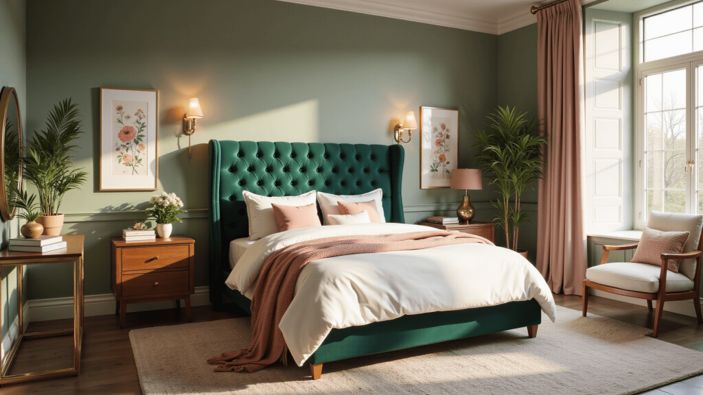 "Luxurious bedroom with emerald velvet headboard, blush accents, sage walls, brass fixtures in golden light."