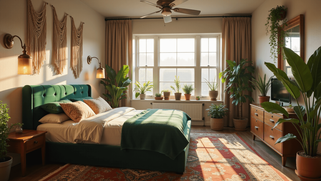 "Sunlit boho bedroom with emerald velvet bed, brass accents, macramé hangings, and cascading plants"