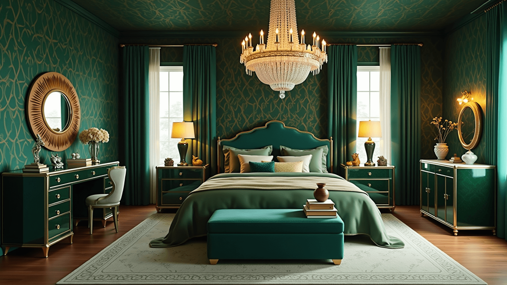"Art Deco inspired bedroom with emerald green walls, gold patterns, plush velvet furniture, and vintage vanity set under a crystal chandelier"