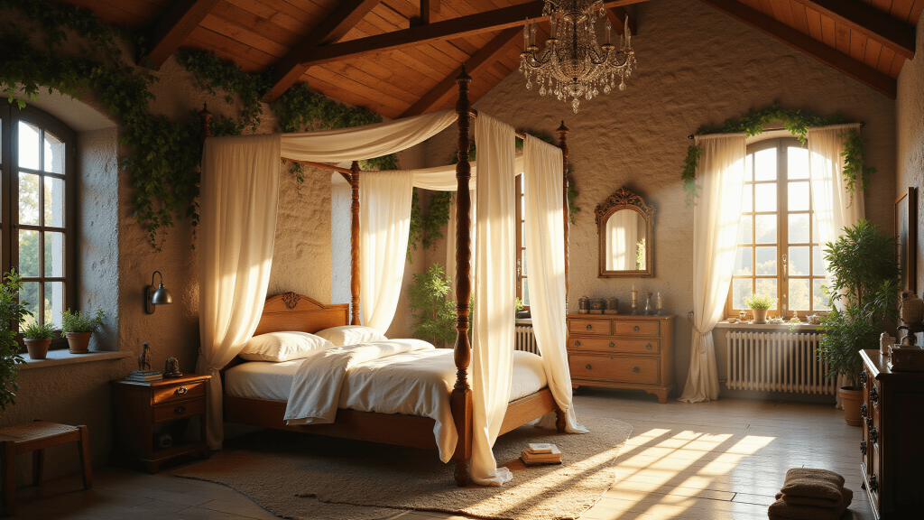 "Enchanted bedroom with a sunlit four-poster bed, vaulted ceiling, vines on walls, and golden light played through sheer curtains."