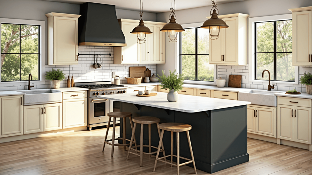 "Sunlit farmhouse kitchen with cream cabinets, marble island, brass pendant lights, and rustic decor"