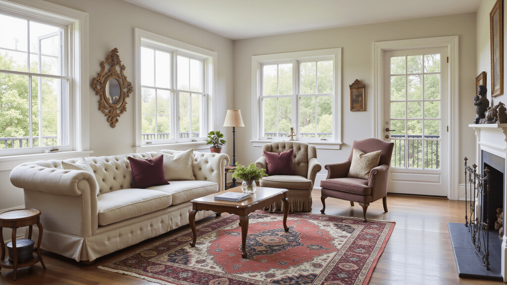 "Elegant sunlit living room with Georgian windows, Chesterfield sofa, Persian rug, velvet chairs, and antique brass accents in warm neutral tones."