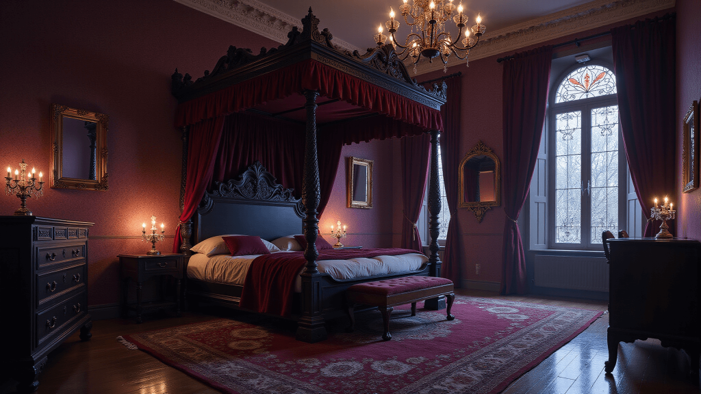 "Gothic bedroom at twilight with an ebony four-poster bed, burgundy velvet drapes, wrought-iron chandelier, stained glass windows, antique furniture, flickering candlelight, purple damask-patterned walls, and vintage mirrors."