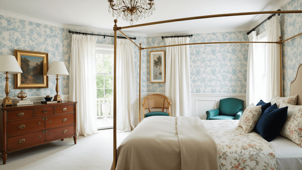 "Sunlit grandmillennial bedroom with brass canopy bed, vintage artwork, mahogany dresser and toile wallpaper, styled with velvet pillows, linen duvet, and rattan accents"