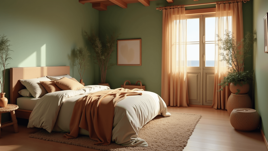 "Sage green bedroom with terracotta accents, rattan furniture, plants in clay pots and morning sunlight creating a tranquil, minimal aesthetic."
