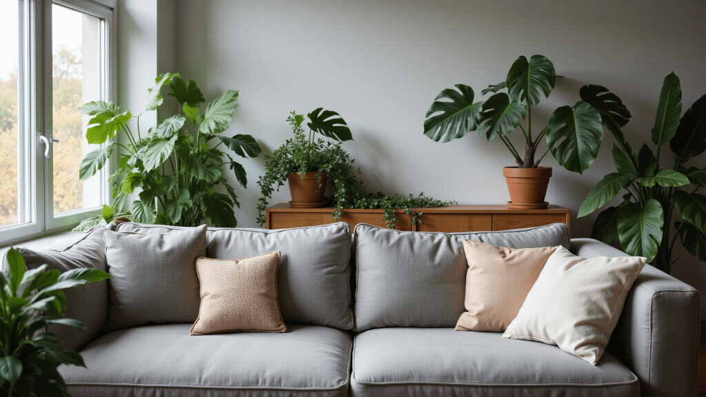"Modern minimalist living room with indoor plants in terracotta pots, gray linen sofa, and soft natural light"