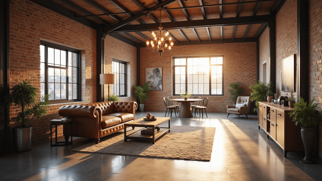 "Industrial farmhouse living room with exposed brick walls, steel beams, leather sofa, vintage Edison bulb lighting, and warm afternoon light reflecting off a polished concrete floor."