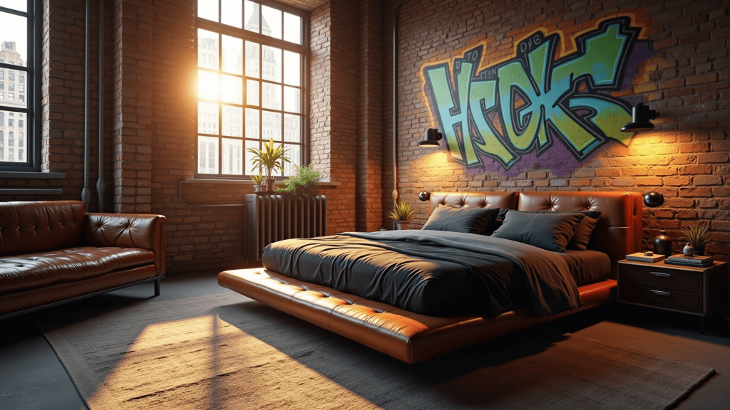 "Industrial loft bedroom with exposed brick, graffiti mural, and golden hour sunlight through factory windows"