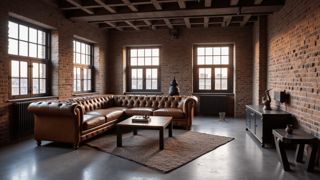 "Industrial loft living room with exposed brick walls, leather sofa, metal accents on concrete floor during golden hour"