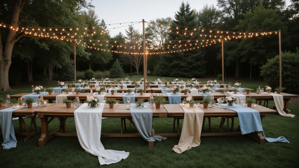 "Intimate wedding setup in a twilight garden with string lights, farm tables, candles, herbs, and linen runners"
