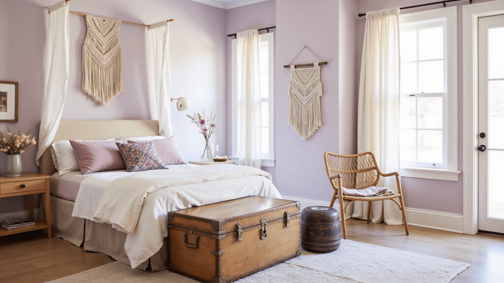 "Sunlit boho bedroom with a lavender theme, macrame wall hangings, canopy bed, rattan chair, vintage trunk, Moroccan pillows, and dried flowers in softly diffused morning light."