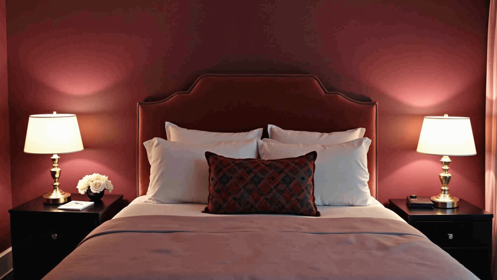 "Luxe bedroom with velvet headboard, pink neon glow, gold accents, and moody lighting in a clean, modern composition"