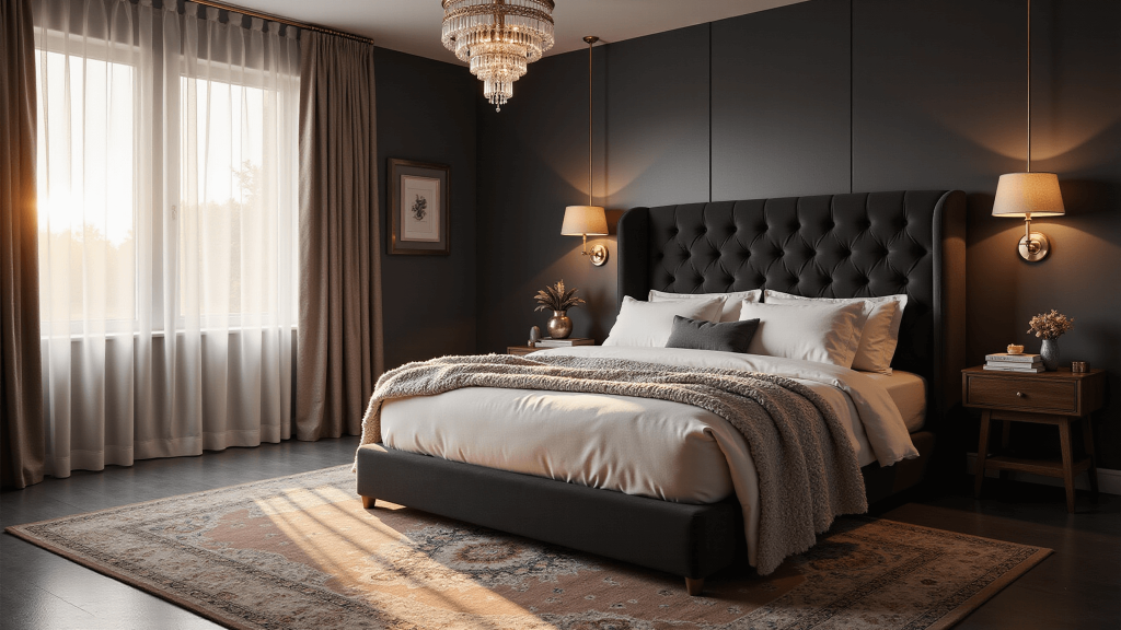 "Luxurious adult bedroom with moody romantic elements featuring a plush king-sized bed, velvet headboard, white linens, knit throws, brass accents, crystal chandelier, and vintage Persian rug in warm lighting."