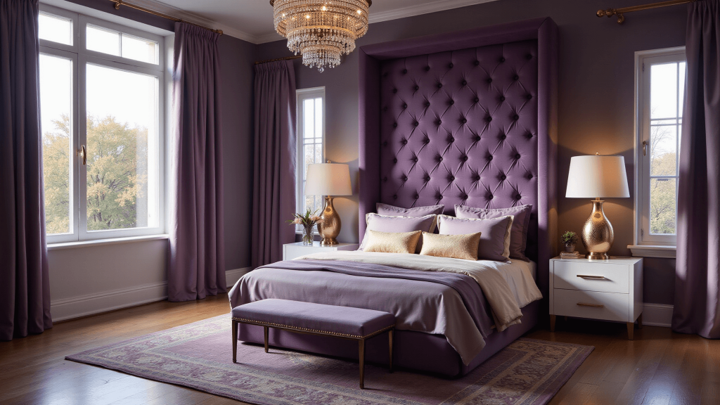 "Luxurious purple bedroom with velvet headboard, gold accents, silk curtains, crystal chandelier, and marble side tables in soft morning light"