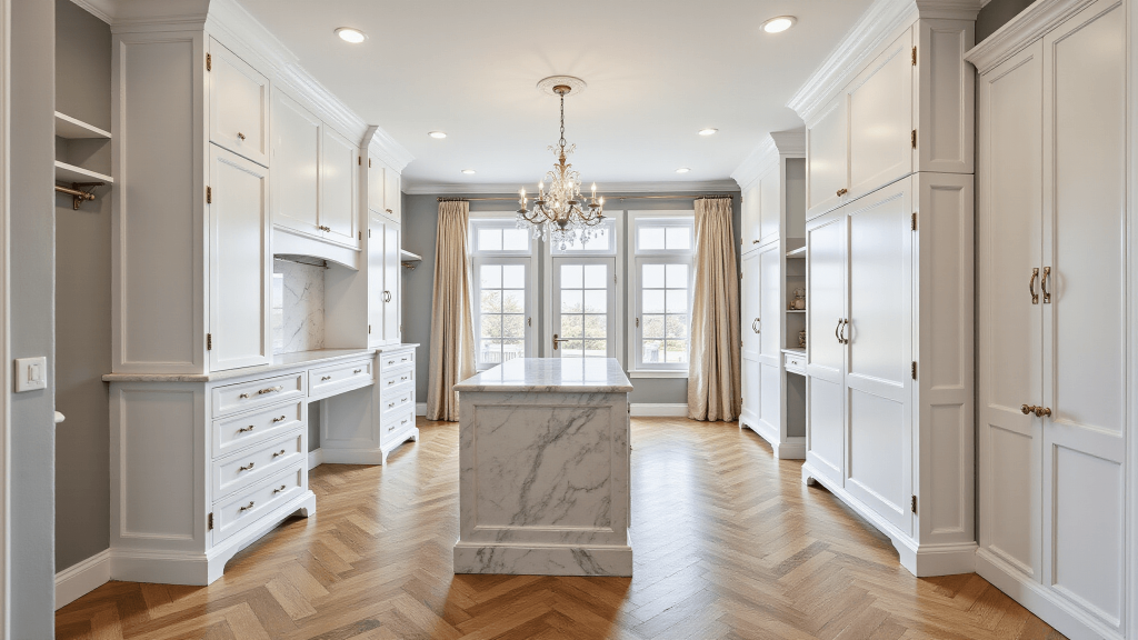 "Luxury boutique-style walk-in closet with marble island, chandelier, herringbone floors, white cabinetry, and floor-to-ceiling windows letting in soft natural light"
