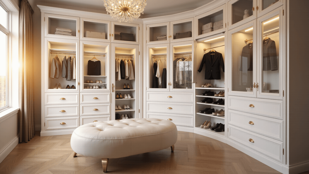 "Luxurious walk-in closet with golden lighting, white cabinetry, ivory ottoman, and boutique-style clothes display"