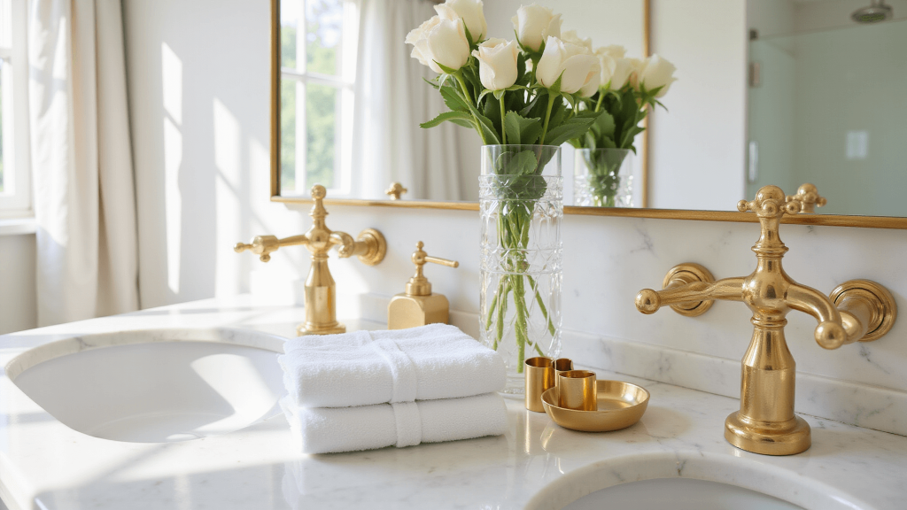 "Sunlit luxurious bathroom with a white marble vanity, gold fixtures, a large mirror, fresh towels, and a crystal vase of white roses"