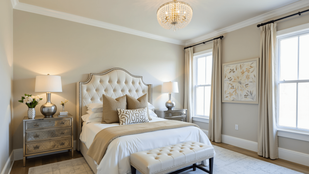 "Luxurious master suite with a glam bedroom featuring a tufted cream headboard, champagne bedding, metallic accents, a crystal chandelier and bathed in natural sunlight"