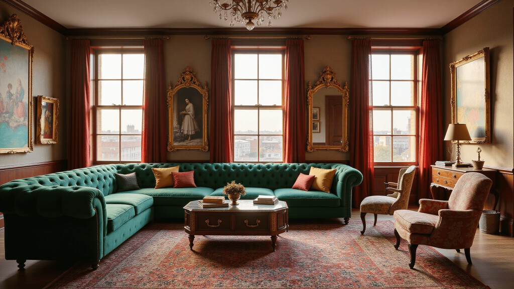 "Luxurious maximalist living room with emerald velvet sofa, vintage Persian rugs, gold-framed mirrors, and vintage artwork, bathed in golden hour sunlight."