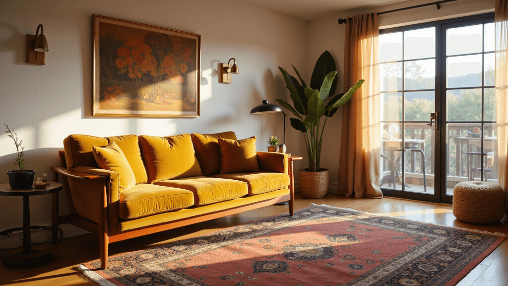 "Sunlit mid-century living room with teak sofa, mustard velvet cushions, Persian rugs, brass accents, and warm golden light"