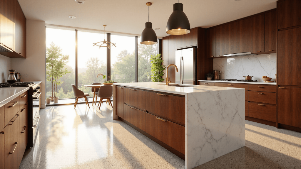 "Mid-century modern kitchen with walnut cabinets, marble island, terrazzo floors, and warm morning light"