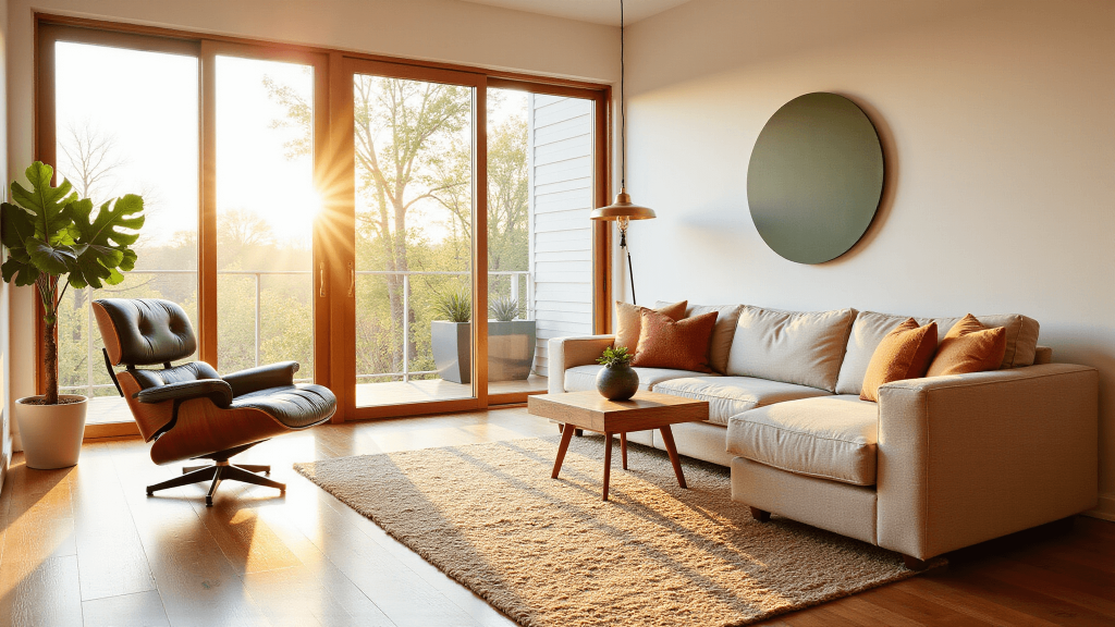 "Sunlit mid-century modern living room with iconic Eames chair, Danish sofa, brass lighting, and earth-toned decor"