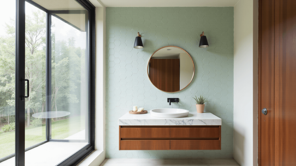 "Midcentury modern bathroom with teak vanity, white marble countertop, brass mirror, green hexagonal tiles, and black fixtures, lit by natural light"