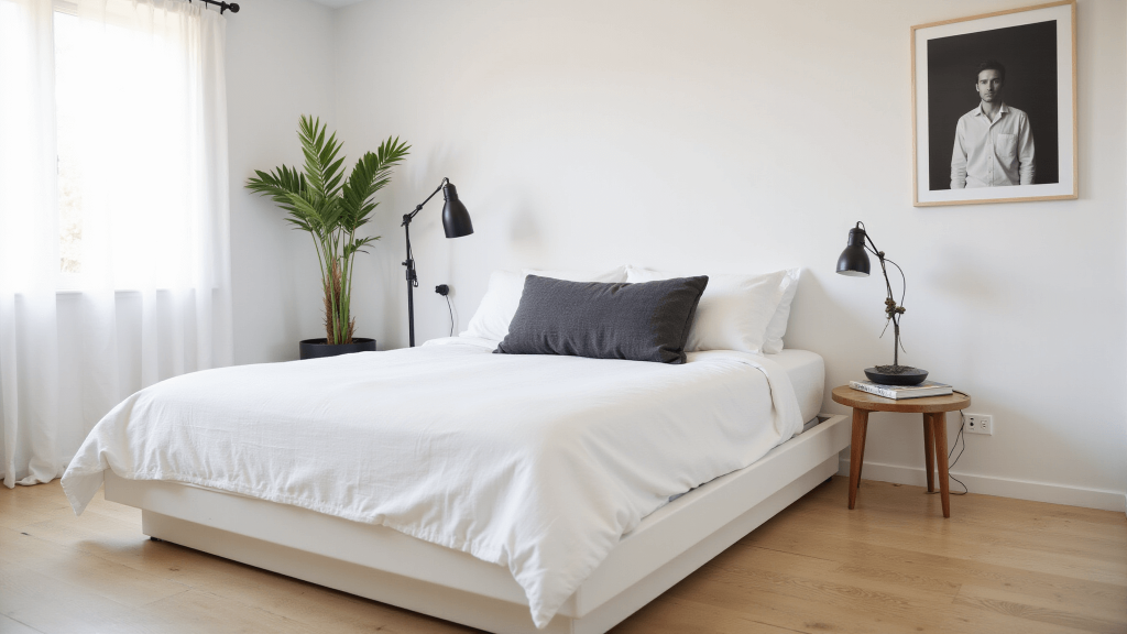 "Minimalist bedroom with white linens, oak floors, black lamp, and snake plant during golden hour"