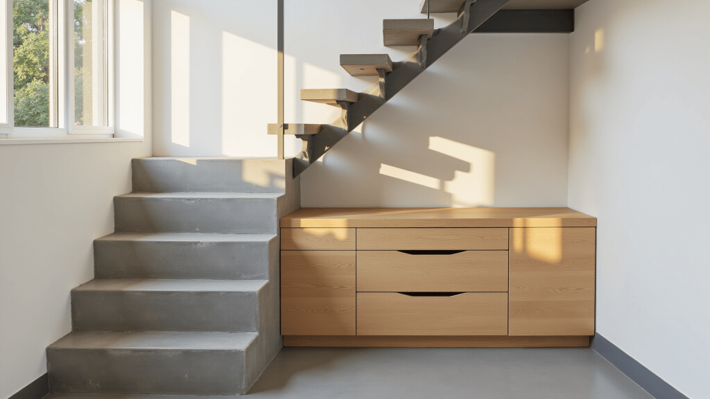 "Modern minimalist concrete and oak staircase with integrated storage drawers during golden hour"