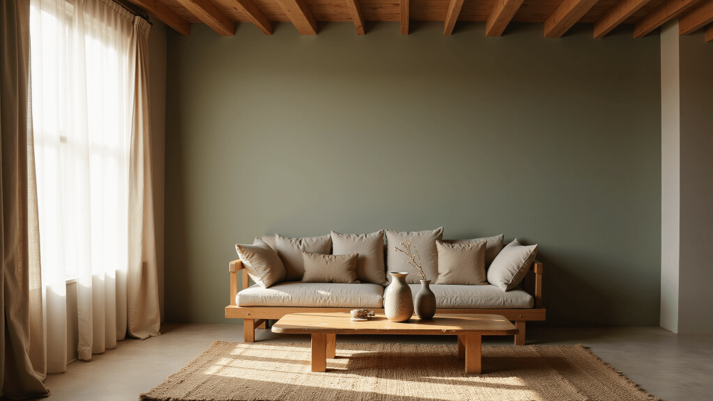"Sunlit minimalist Japandi-style living room with sage green walls, oak platform sofa, a raw wood coffee table and ikebana arrangement"