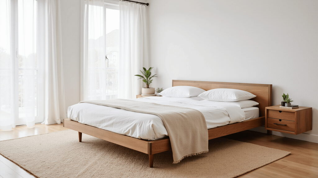 "Sunlit minimalist bedroom with oak bed, white linen, beige throw, floating nightstands, jute rug, and a potted plant"