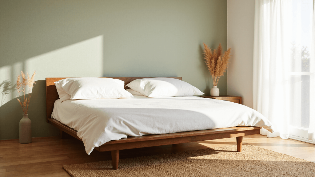 "A minimalist bedroom with walnut platform bed, white linens, and sage accent wall bathed in morning sunlight"