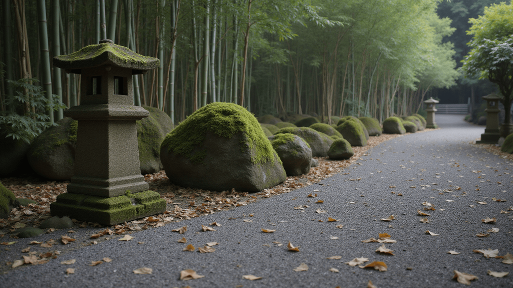 "Moss-covered stone lantern in a serene Japanese garden amid a misty bamboo grove at dawn, with dewdrops on autumn leaves along a gravel path"