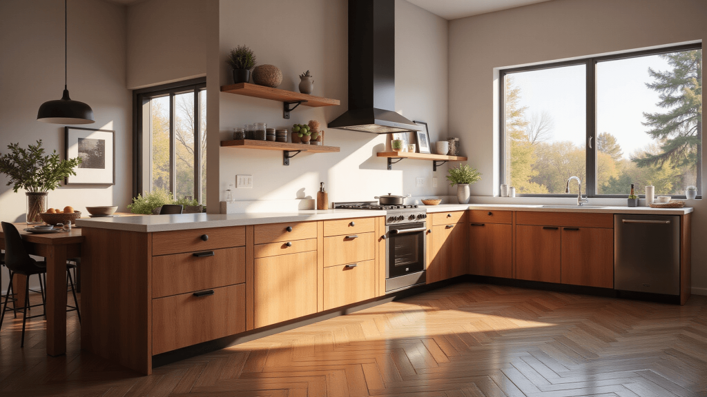 "Sunlit modern kitchen with alder wood cabinets, white quartz countertops, matte black hardware, and chevron hardwood floors during golden hour"