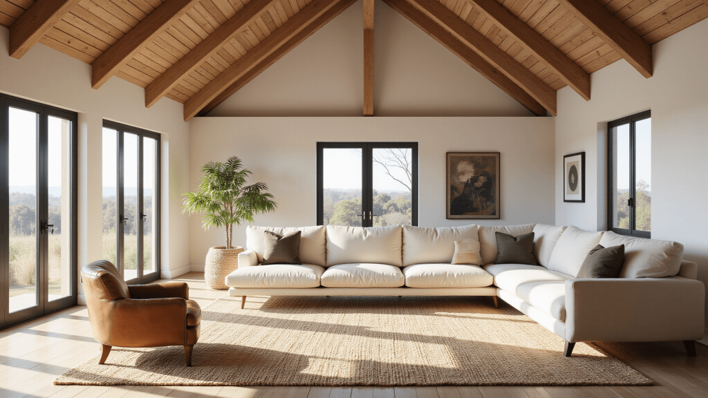 "Modern barnhouse living room with exposed beams, cream sectional sofa, vintage leather chair, and floor-to-ceiling windows filled with natural light."