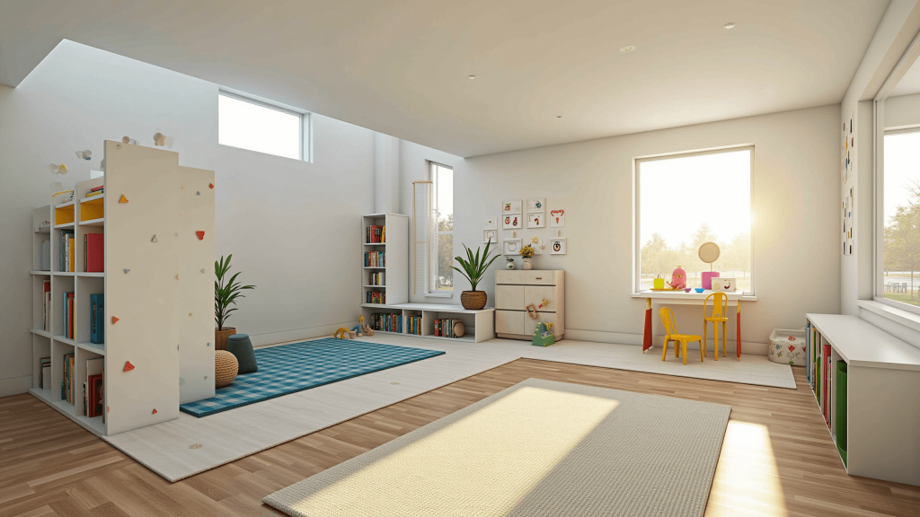 "Colorful basement playroom with activity zones, modular storage, and natural light from egress windows"