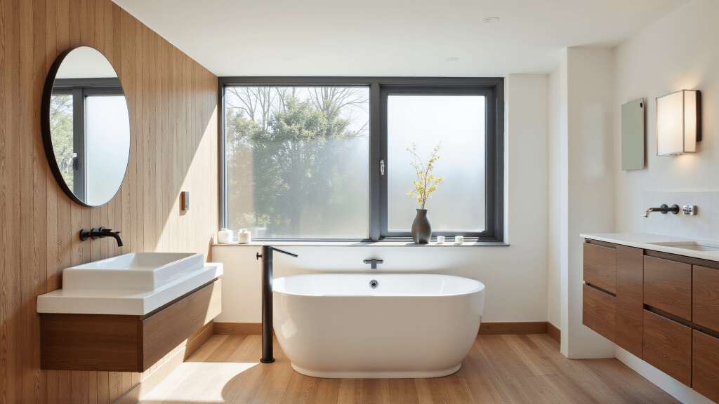 "Modern bathroom interior with caramel fluted tiles, free-standing white bathtub, black fixtures, a walnut vanity, and natural sunlight streaming through a frosted window"