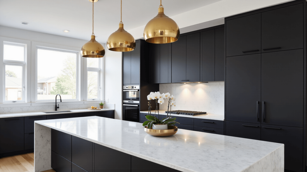 "Sunlit modern minimalist kitchen with black cabinets, white marble island, brass pendant lights, and a white orchid"