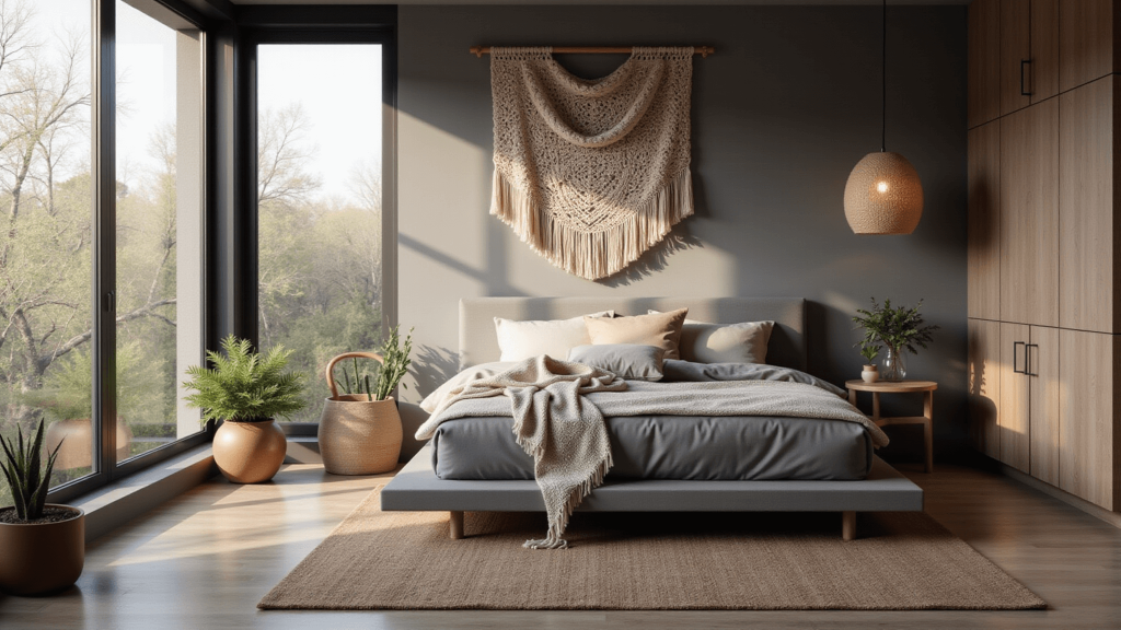 "Boho bedroom with grey platform bed, macrame wall hanging, rattan pendant light, and morning sunlight streaming through large windows"