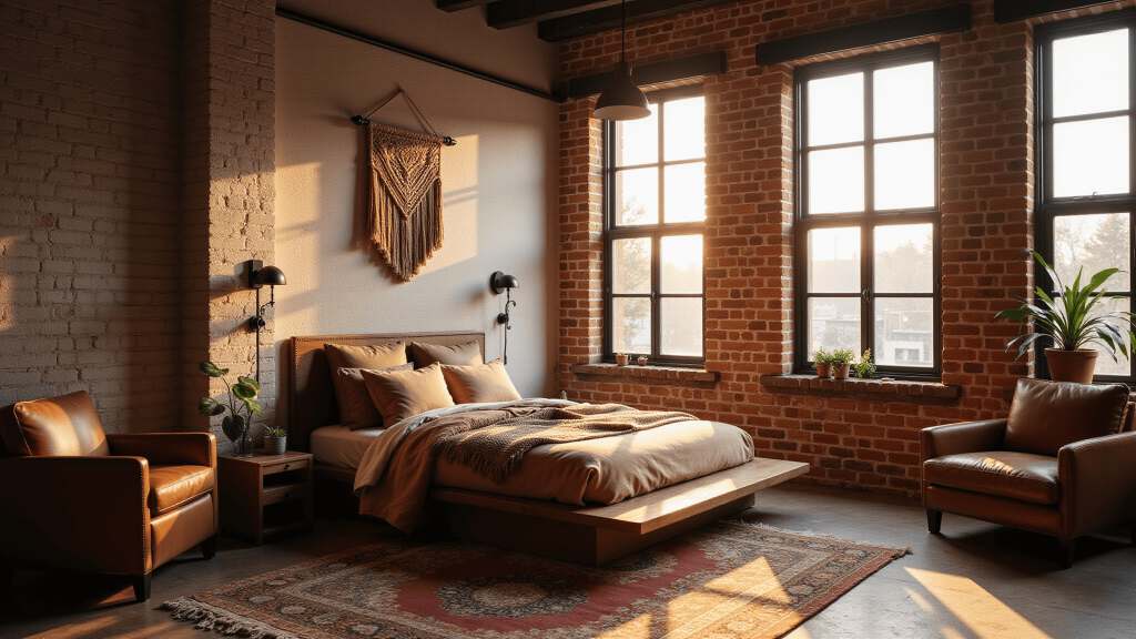 "Modern bohemian bedroom with earth-toned bedding, vintage rug, leather armchair, exposed brick wall, potted monstera plant, macramé décor, and industrial light fixtures bathed in warm golden sunlight"