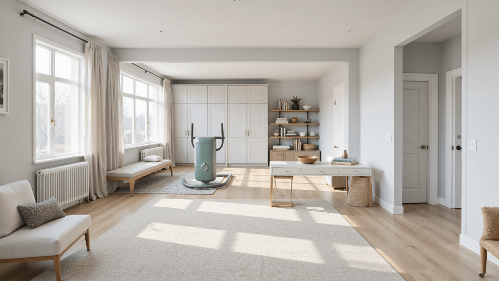 "Modern multi-functional bonus room with a study area, workout corner, modular furniture, natural sunlight, and minimalist decor."
