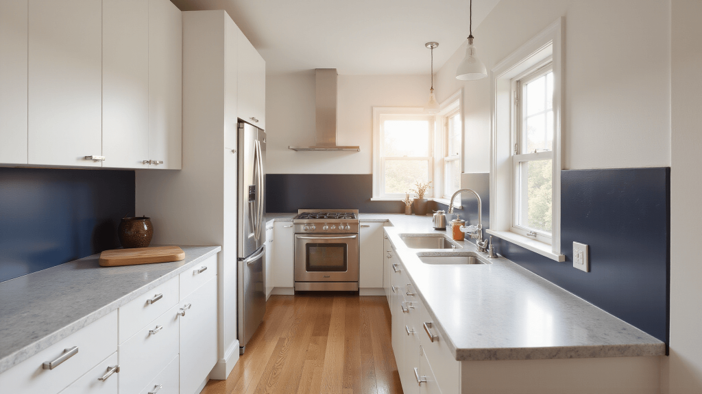 "Modern small kitchen with white cabinets, marble countertops, and golden morning light"