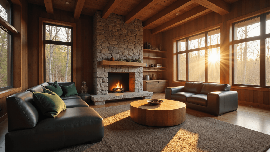 "Interior shot of a modern cabin with a leather sectional sofa, stone fireplace, wooden beam ceiling, and large windows casting golden sunlight and shadows"