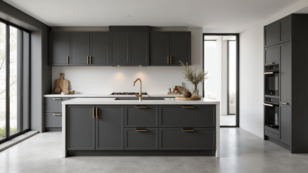 "Modern minimalist kitchen with charcoal gray cabinets, gold hardware, white quartz countertops and natural light streaming through floor-to-ceiling windows"