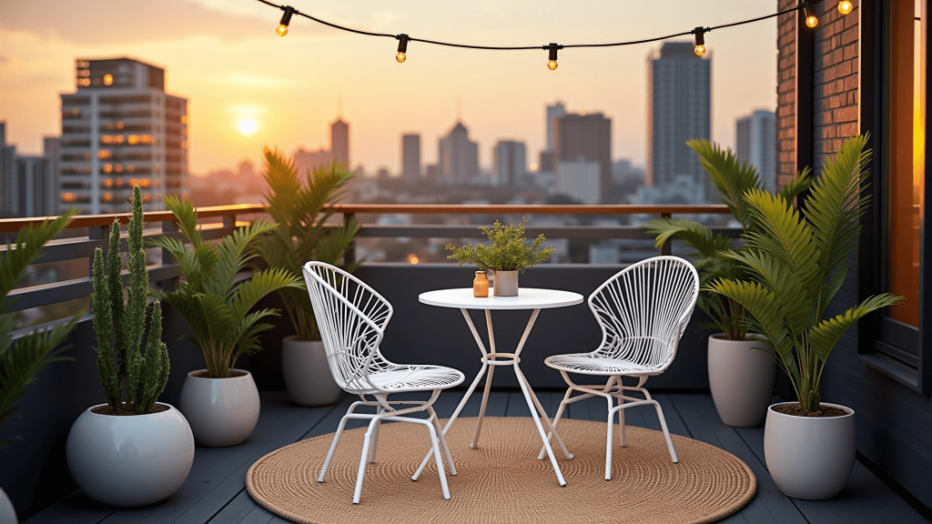 "Urban balcony with white bistro set, snake plants, bohemian rug, string lights, and city skyline at sunset"