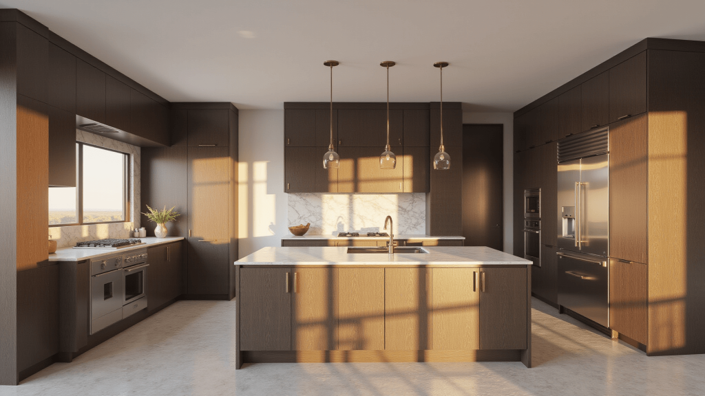 "Modern kitchen interior with espresso cabinets, white marble countertops and stainless steel appliances bathed in sunset glow"