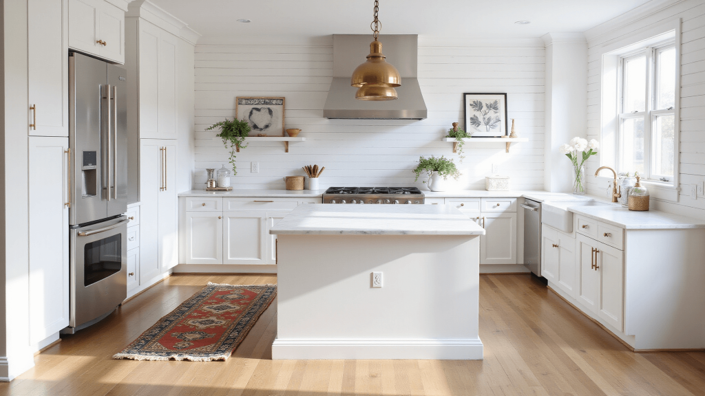 "Modern farmhouse kitchen with white shiplap walls, marble island, and vintage brass pendant lights in morning sunlight"