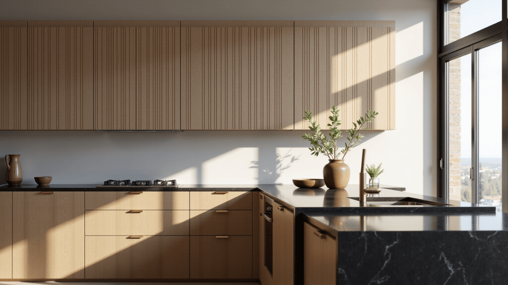 "Modern kitchen with vertically fluted white oak cabinets, black marble countertops, and a sleek island, all illuminated by morning light streaming through large windows."